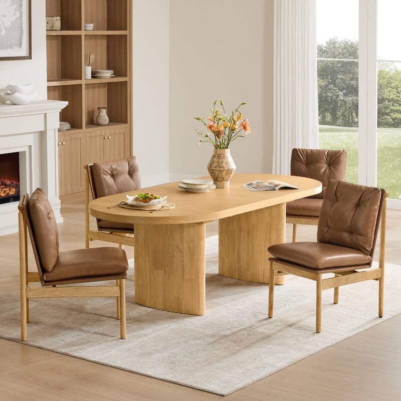 Spruce & Spring Mid-Century Modern Solid Wood Dining Chair with Tufted Cushion - Set of 4 - Saddle Brown