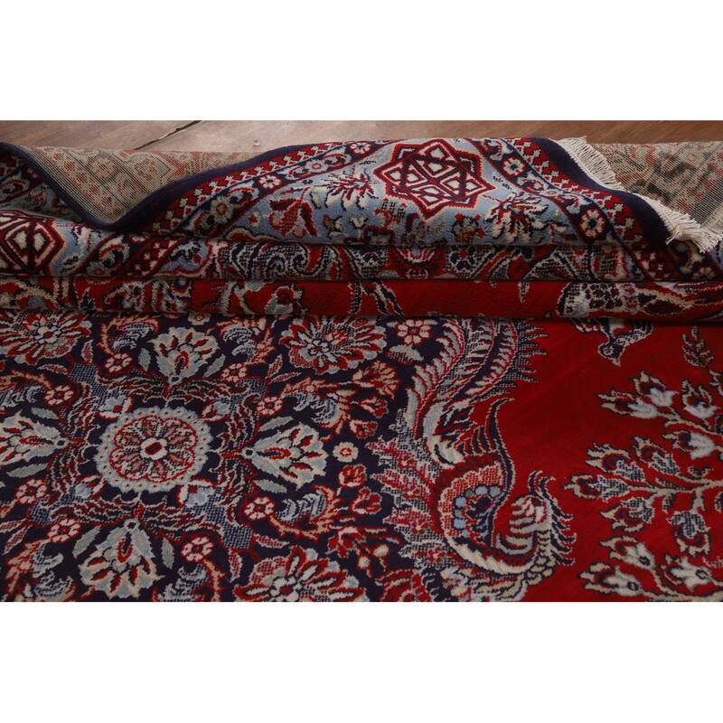 Machine Made Oriental Polyester Carpet Traditional Floral Red Kashan Area Rug - 12' 7'' X 9' 8''