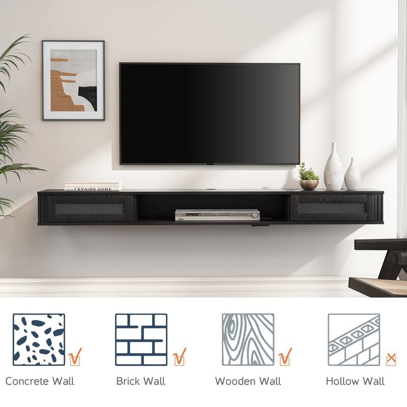 WAMPAT Floating TV Stand Shelf with Power Outlet and 2 Rattan Doors