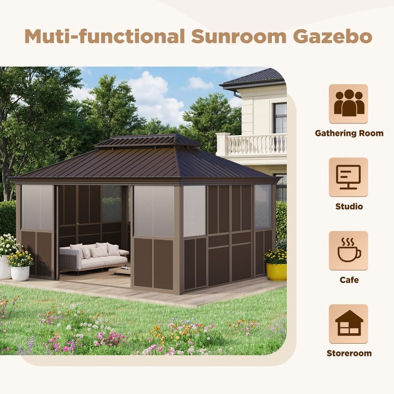 Hardtop Sunroom with Double Steel Roof, Sliding/Lockable Doors & Screens - All-Season Rustproof Aluminum Frame,Advanced Drainage