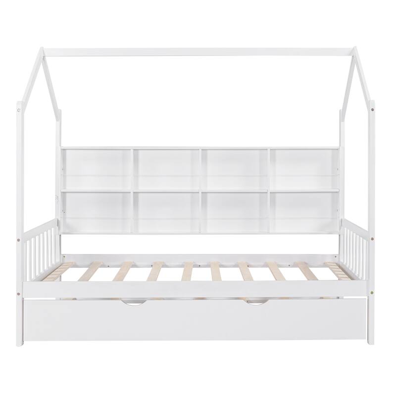 White Twin Size House Bed with Trundle and Shelf for Kids, Space-Saving Design, Semi-Enclosed Play Area