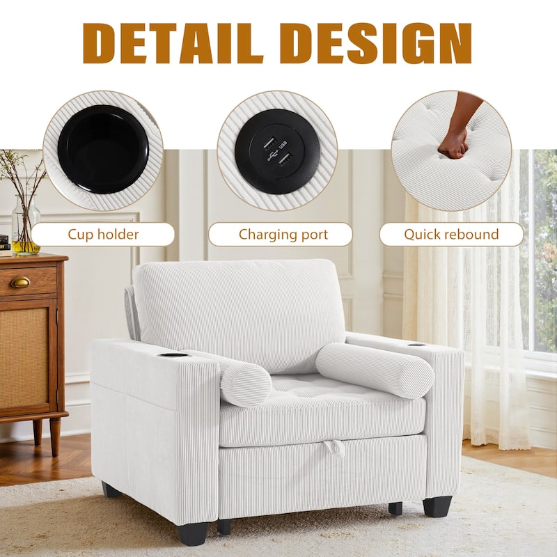 2 Set 3-in-1 Adjustable Recline Convertible Chair Bed Sleeper with USB Port