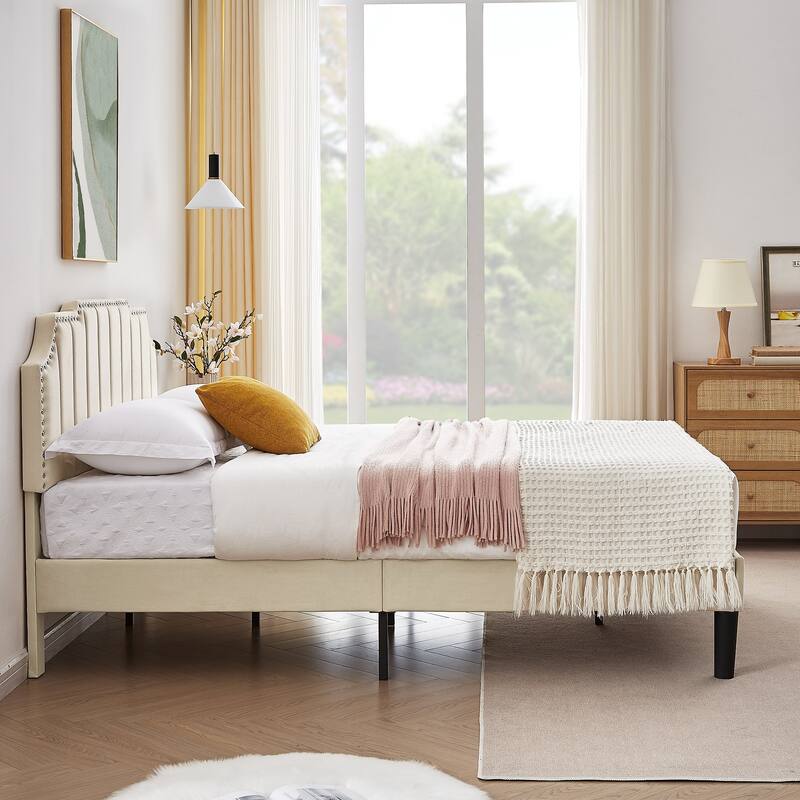 VECELO Upholstered Bed Frame with Nailhead Trim Adjustable Height Headboard, Twin/Full/Queen Size Bedframes