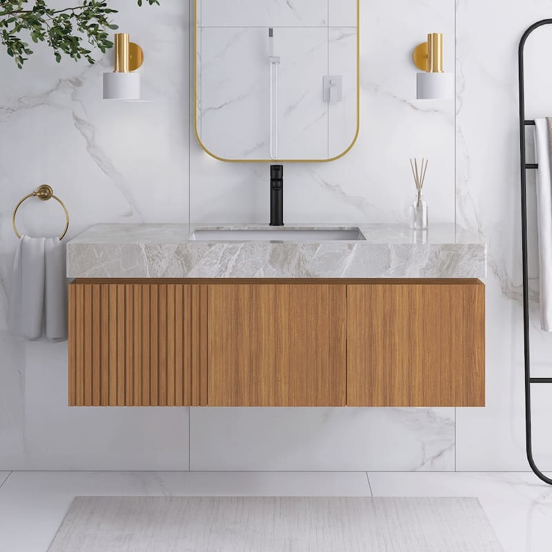 48" Wall-Mounted Bathroom Vanity with Ceramic Sink - 47.64'' x 18.9'' x 17.72'' - 47.64'' x 18.9'' x 17.72'' - Wood Finish - Brown Oak