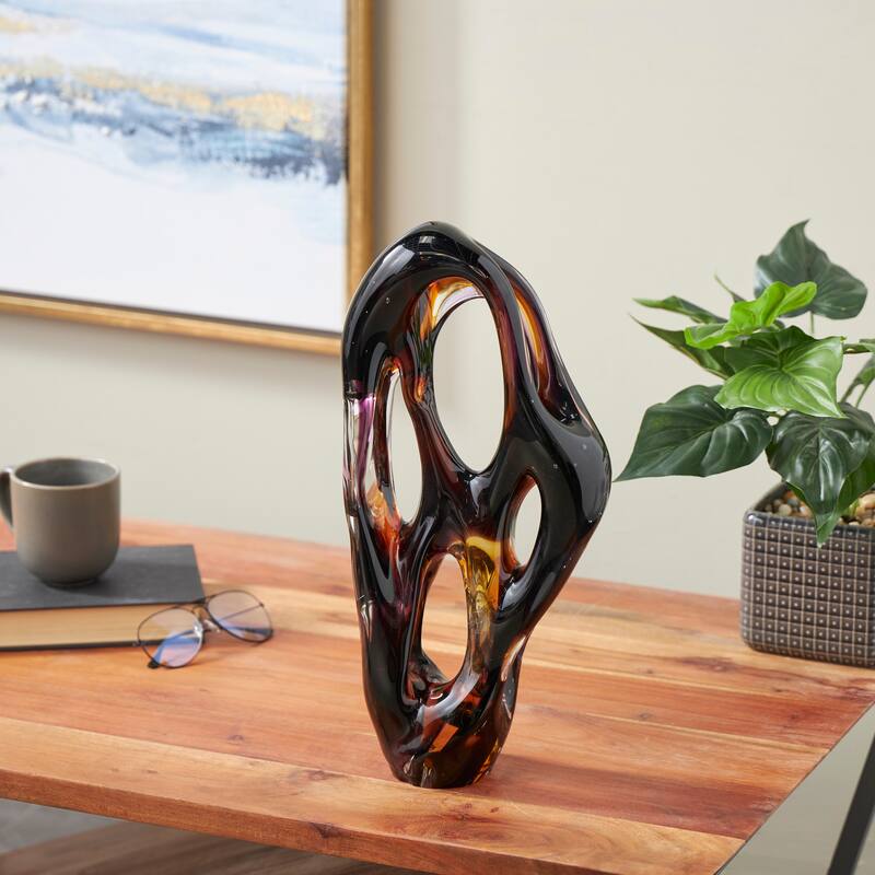 Black Glass Ombre Cutout Abstract Decorative Sculpture with Amber Accents - Black