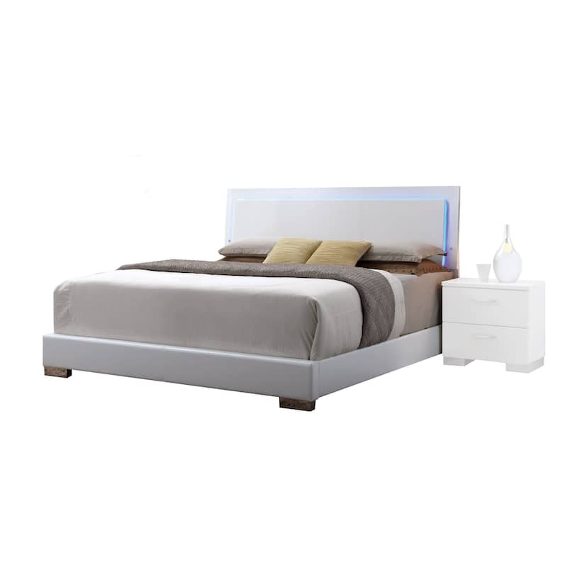 White Queen Bed with LED Light Headboard - Adjustable Illumination, Sturdy Wooden Slats