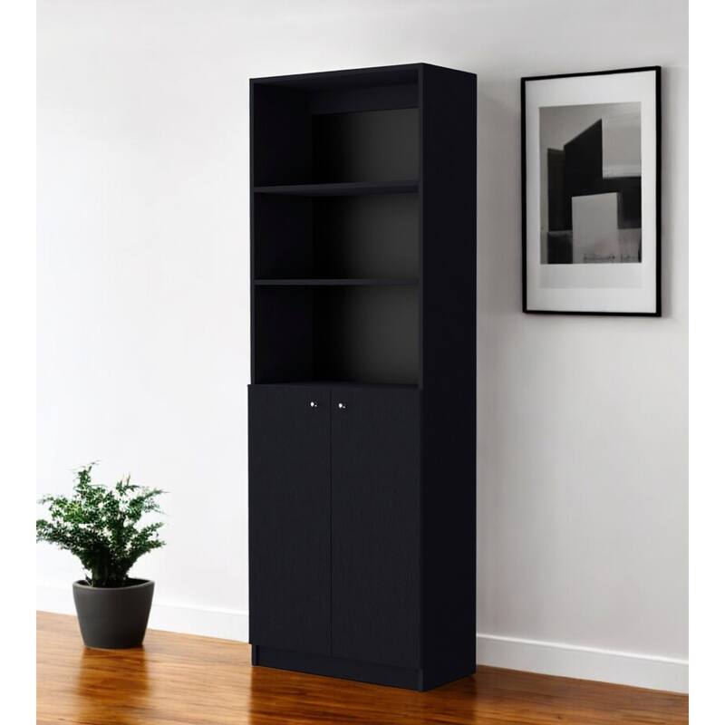 HomeRoots 71" Black Five Tier Bookcase with Two doors