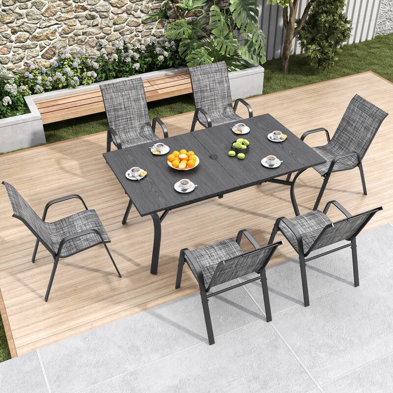 6-Piece Outdoor Dining Chairs Set, Wide Ergonomic Seat, 350lbs Capacity, Waterproof & Rust-Resistant Teslin Fabric Metal Frame - Grey+Black