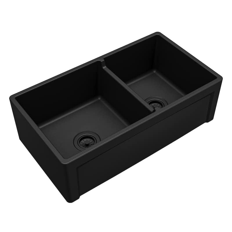 Karran 33" Double Bowl Panel Front Farmhouse Fireclay Kitchen Sink with Reversible Apron Front