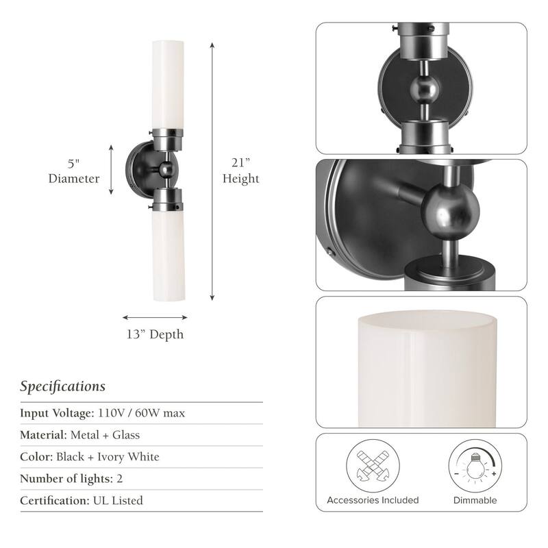 Howard Double Wall Sconce - Metal, Glass & Matte Black, Ivory White 2-Light Sconce for Living Room or Bathroom in Modern Style
