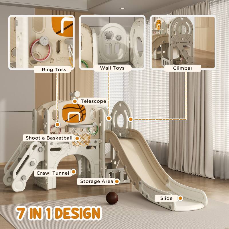 7 in 1 Toddler Slide Playset Ages 1-6 with Ring Toss Hoop Telescope Indoor Climber Storage Tunnel Cream White