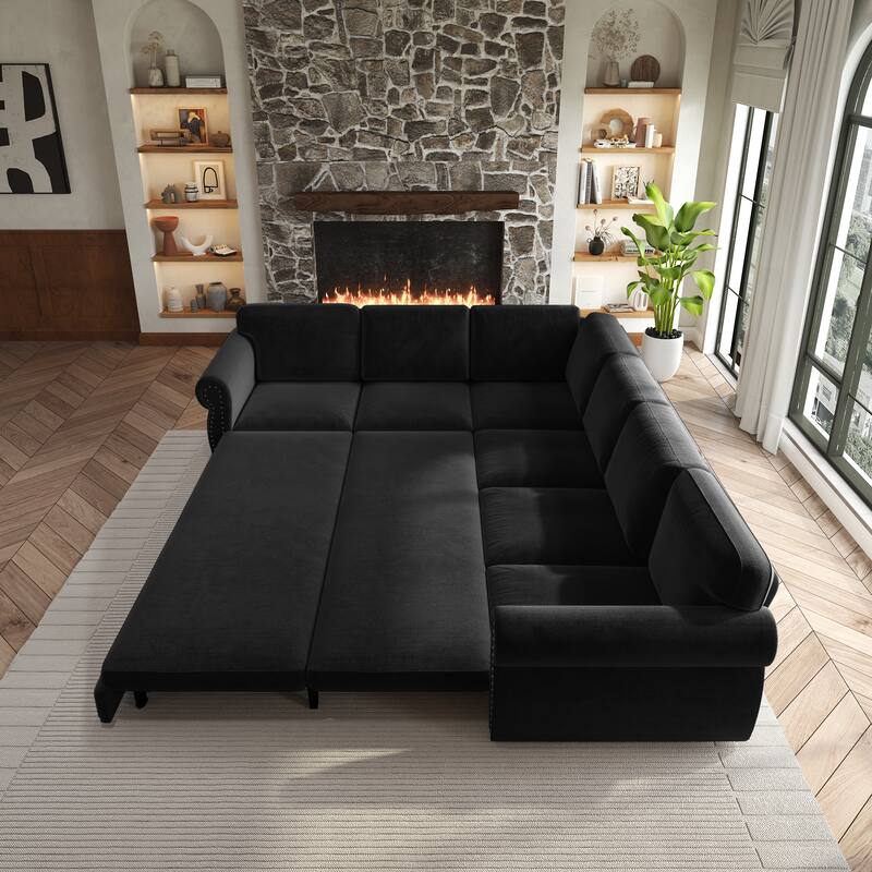 L-Shaped Sectional Sofa with Pull-Out Bed, Oversize Convertible Sleeper Sofa with Rolled Arms, Chenille Upholstery