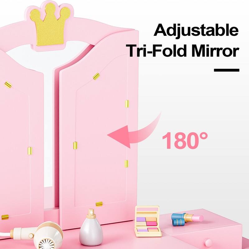 Kids Vanity Table And Chair Set, 2 In 1 Girls Vanity Storage Cabinet W/Tri-Folding Mirror - N/A