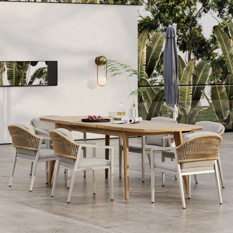 Hares Farmhouse Outdoor Acacia Wood 7-Piece Dining Sets with Cushions by Christopher Knight Home - Grey+Teak