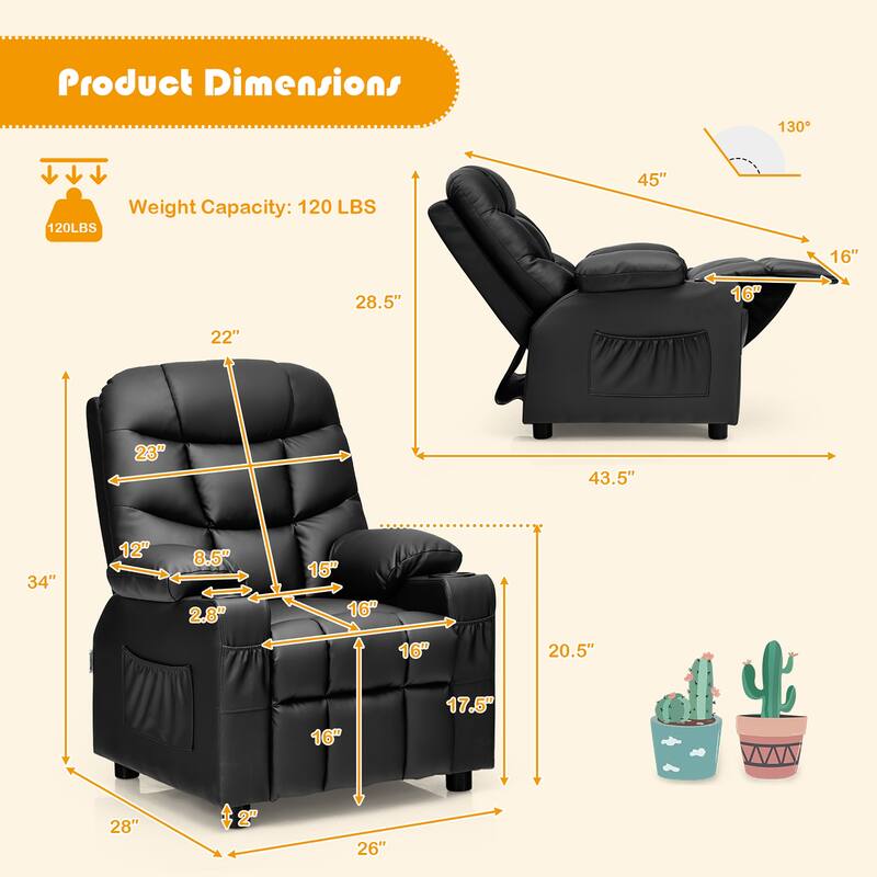 Costway Kids Youth Recliner Chair PU Leather w/Cup Holders & Side