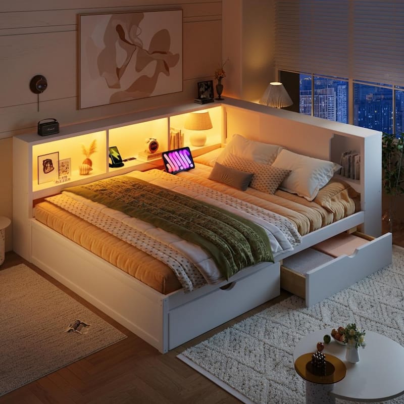 Queen Size Wood Daybed with LED Storage Shelves, USB Ports, and 2 Drawers by Harper&Bright Designs