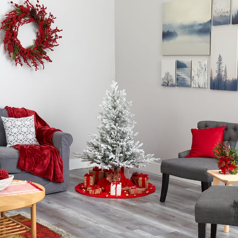 4' Flocked Fraser Fir Artificial Christmas Tree, Warm Clear LED Lights - 4 Foot