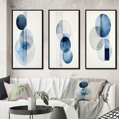 Designart "Orbicular Unity Minimal In Retro Blue II" Modern Geometric Framed Wall Art Set Of 3 For Office Decor