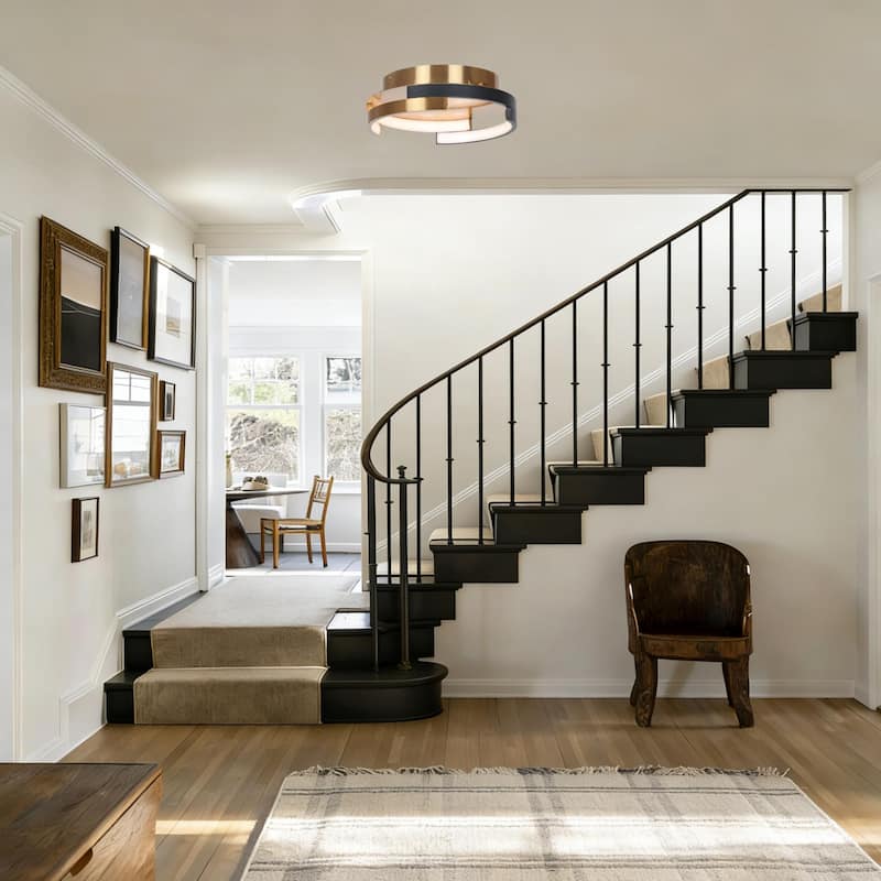 Modern 2-Light Black Brushed Brass Integrated LED Flush Mount Ceiling Light with Dual Ring Design - 12" D x 3.5" H