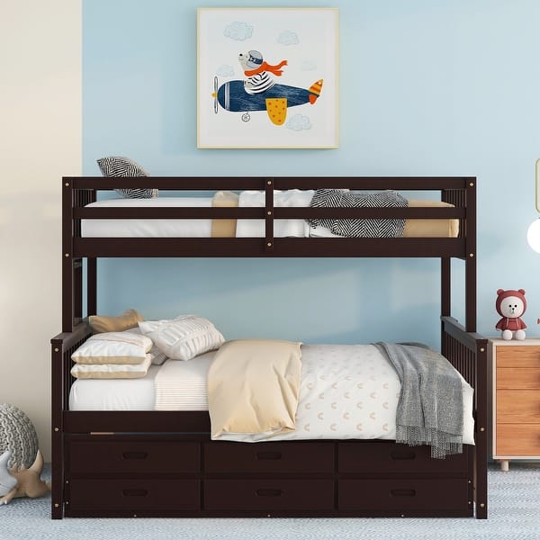 slide 2 of 9, Wooden Twin-Over-Full Bunk Bed with Twin Size Trundle and 3 Drawers, Solid Wood Detachable Bunkbeds Frame, Space-Saving Design Espresso - Full