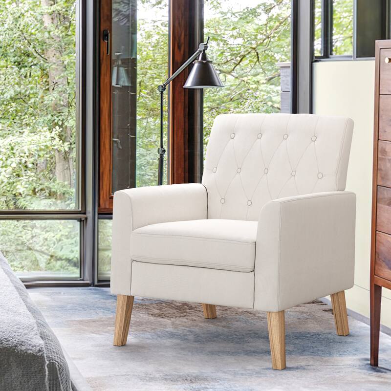 LUE BONA Modern Upholstered Accent Chair Linen Fabric Button Tufted Armchair with Solid Wood Frame - 28.5 W X 27.25 D X 33.75 H - Beige