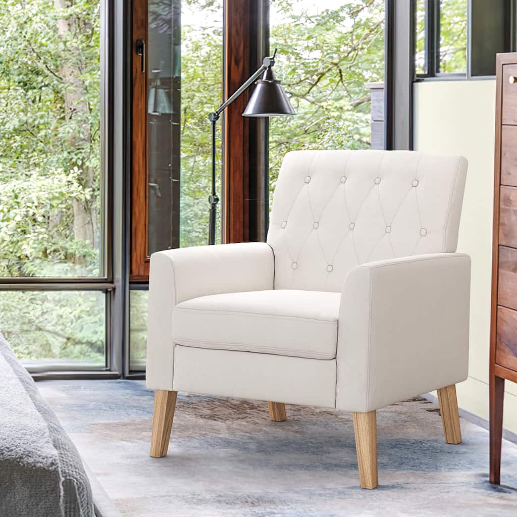 Modern Upholstered Accent Chair Linen Fabric Button Tufted Armchair with Solid Wood Frame - 28.5 W X 27.25 D X 33.75 H