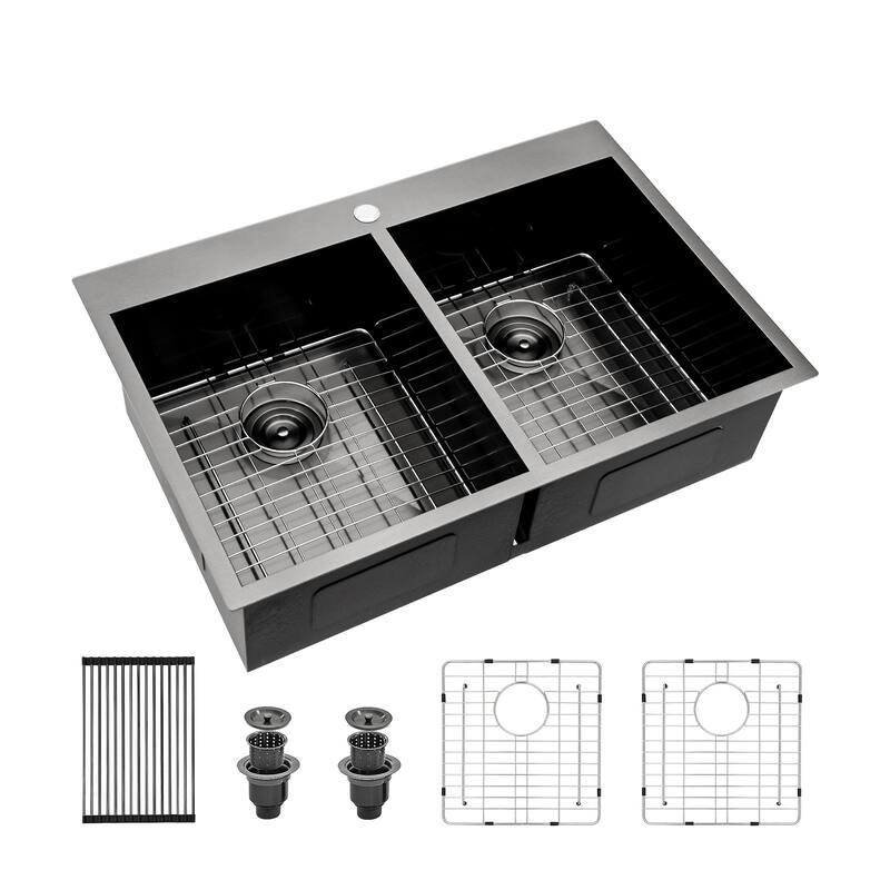 33 In. Drop-In Double Bowl 16 Gauge Kitchen Sink in Gunmetal Black with Two Deep Basins - 33'' x 22'' x 9''