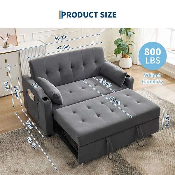 dimension image slide 2 of 3, 3-in-1 Convertible Sleeper Sofa Bed with Pull-Out Bed, Corduroy Futon, Charging Port & Side Pocket