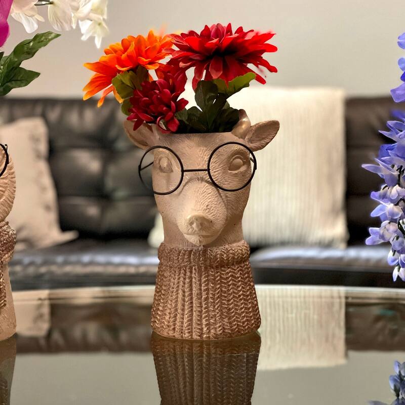 Bespectacled Deer Cement Vase 8.7" Gold Accents Knit Scarf Real Wire