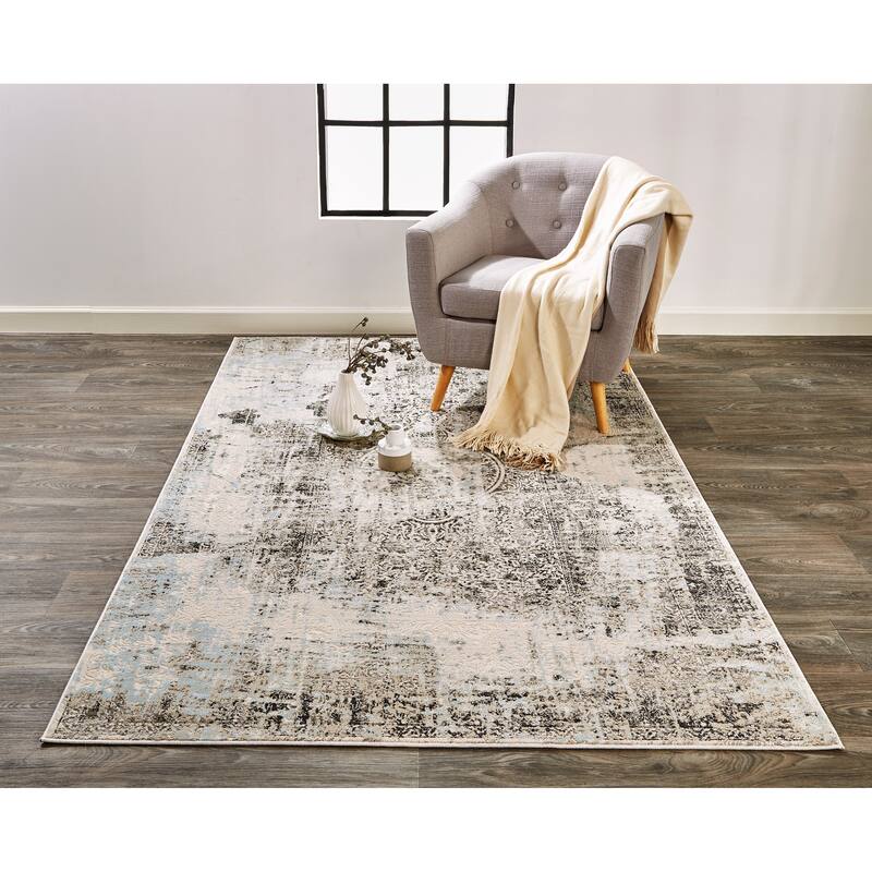 Alexander Industrial Distressed Rug, Charcoal/Sky Blue, Area Rug