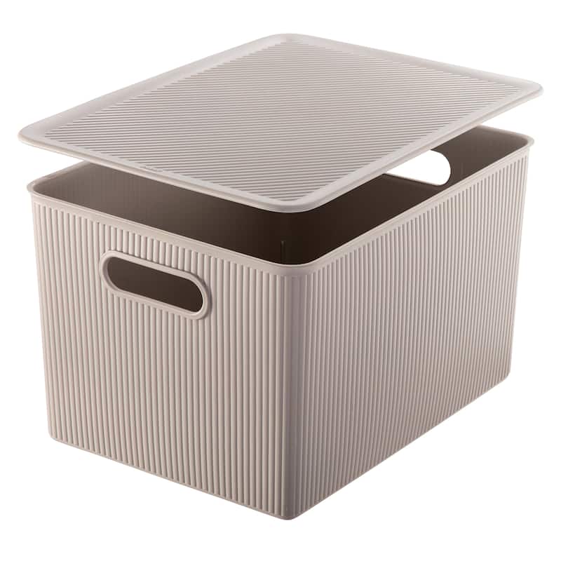Superio Ribbed Storage Bin with Matching Lid - 15"W x 9"H x 11.5"D - Taupe