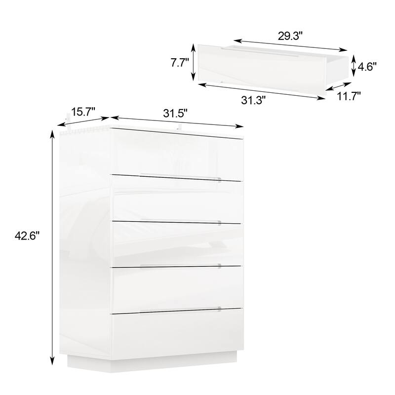 5 Drawer Chest Dresser w/High Gloss Drawers Chest With Light Storage