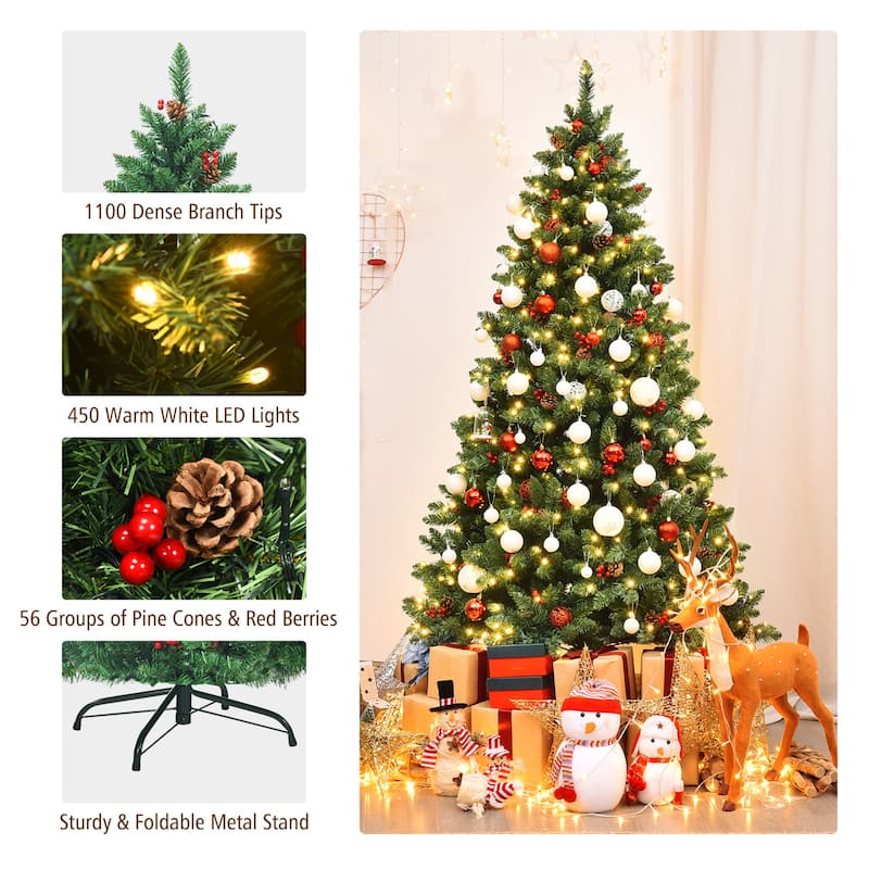 Gymax 6.5FT Pre-Lit Christmas Tree Hinged Artificial Tree Indoor w/ - See Details