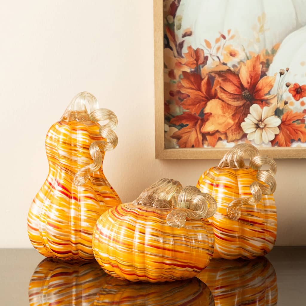 Glitzhome Fall Multi Stripes Glass Pumpkin Gourd Thanksgiving Gifts Halloween Table Decor