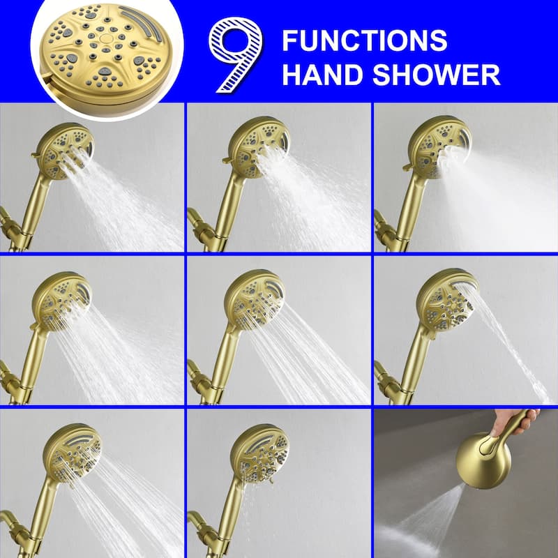 Wall Mounted Shower Faucet with Tub Spout, Complete Pressure Balance Brushed Gold Tub Shower System Wth Rough-in Valve
