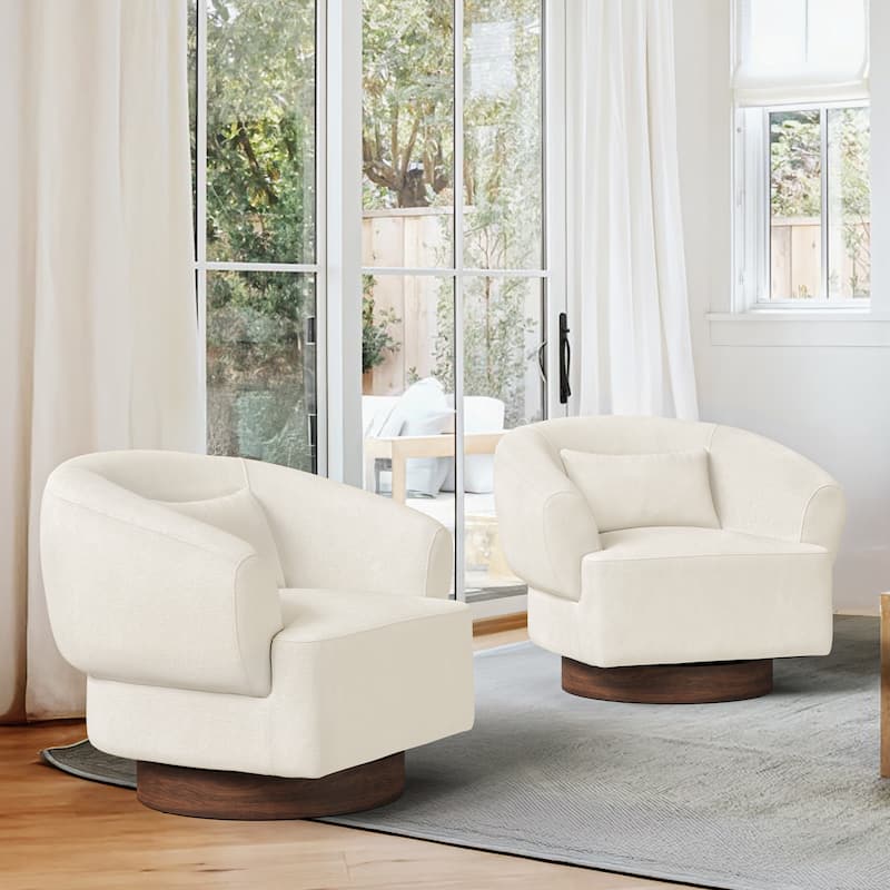 Set of 2 Chenille Upholstered Swivel Barrel Accent Chair with Solid Wood Base for Living Room - Beige