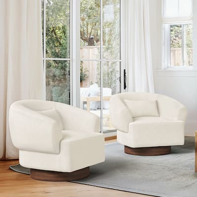 Set of 2 Chenille Upholstered Swivel Barrel Accent Chair with Solid Wood Base for Living Room