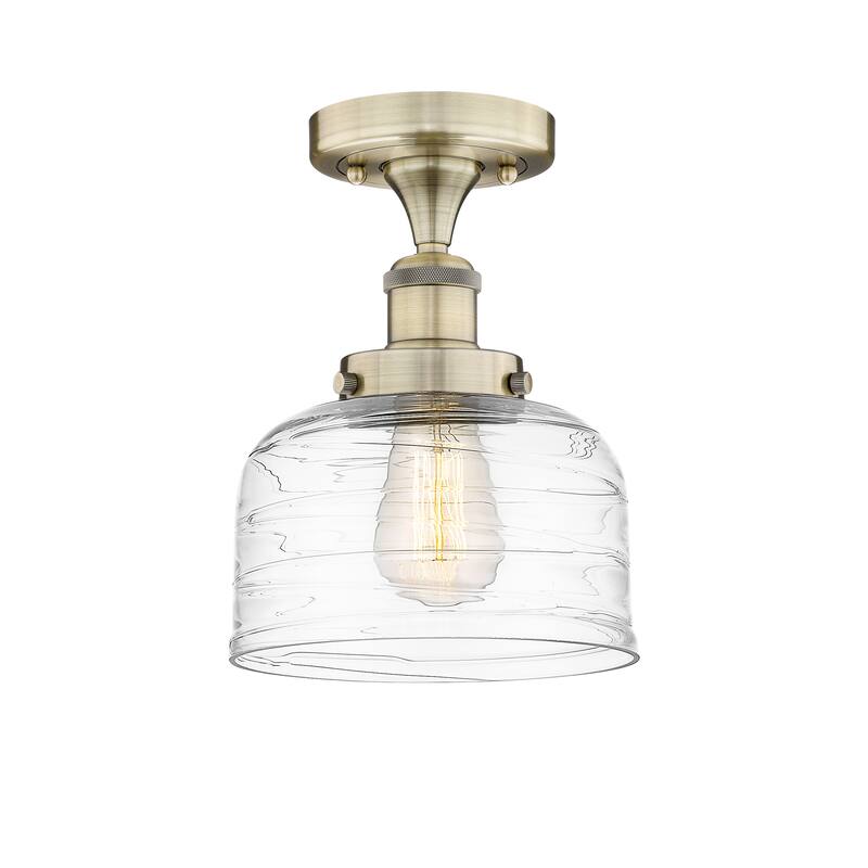 Innovations Lighting Bell - 1 Light 8" Semi-Flush Mount - Antique Brass/Clear Deco Swirl
