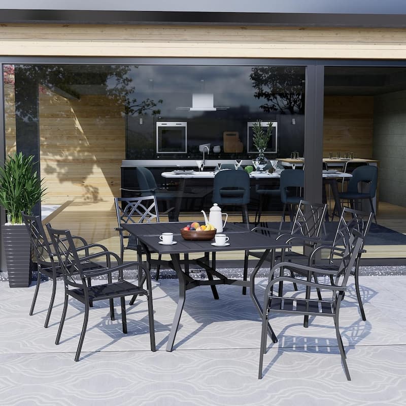 Outdoor Patio 2 Tiers Iron Steel Slatted Rectangle Dining Table Black with Umbrella Hole for 6 Person - 60" x 37"