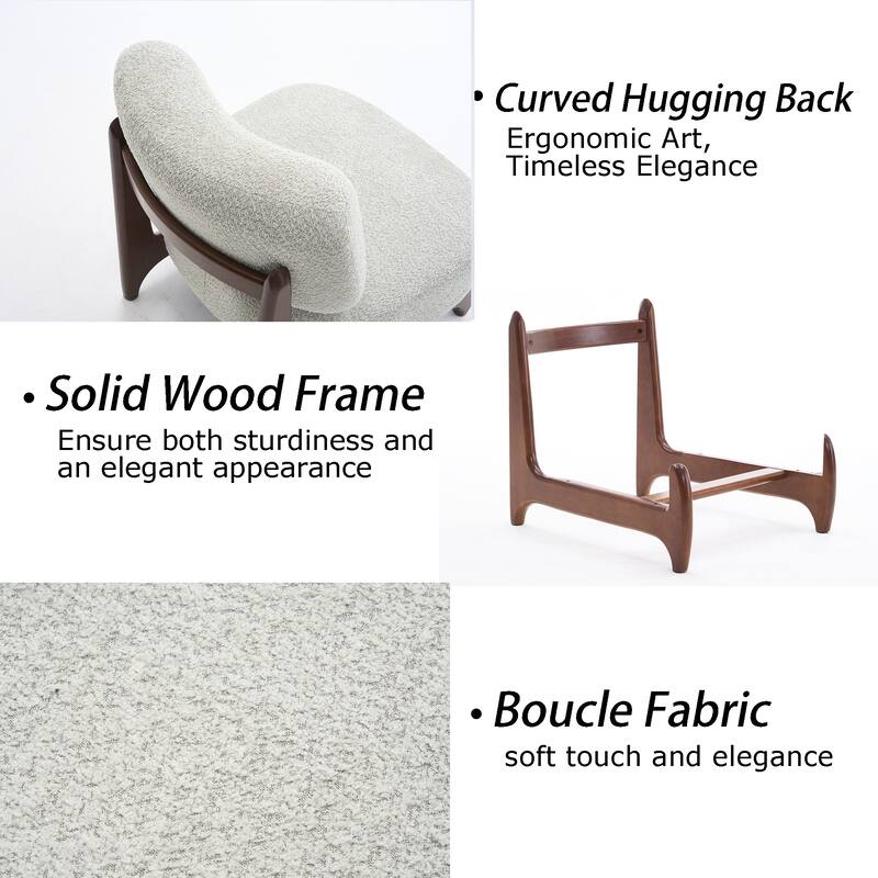 30"W Mid-Century Modern Accent Chair with Solid Wood Frame, Boucle Comfy Living Room Chair for Bedroom Lounge Reading Room