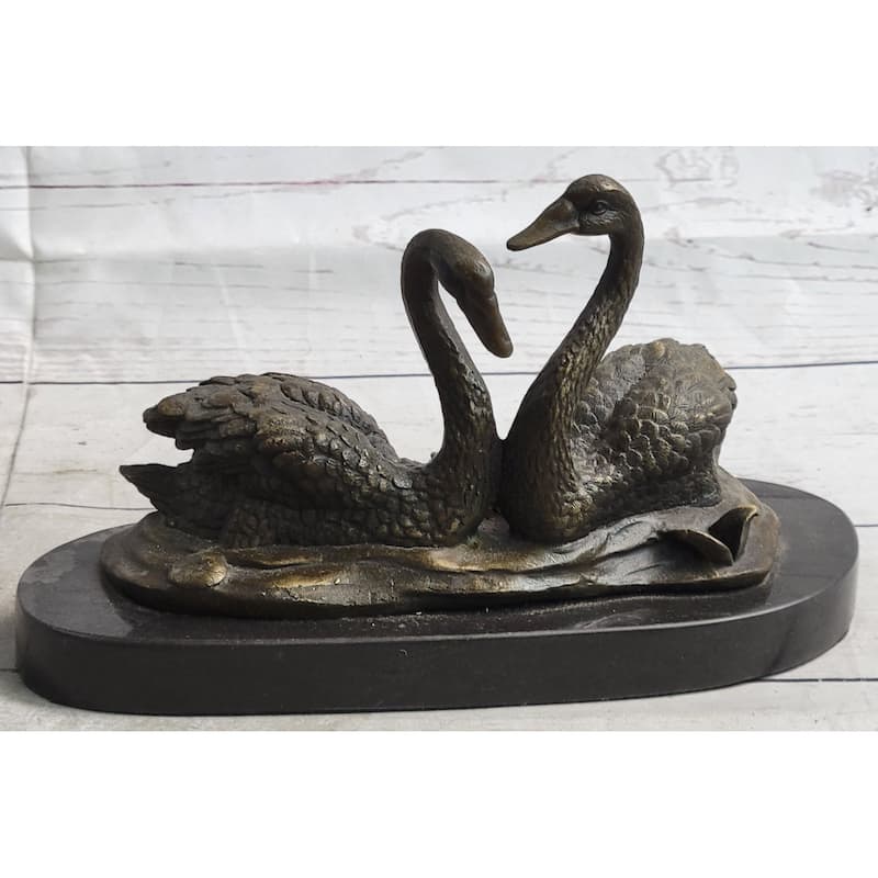 Pair Of Swans Romantic Love Bronze Sculpture Statue Figure Decor On Marble Base Signed Milo