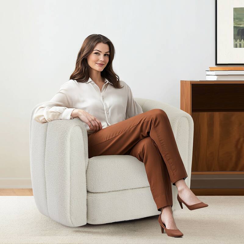 GDFStudio - Elodie Wide Teddy Swivel Armchair with Wooden Side Base, Modern Comfy Accent Chair - White Teddy