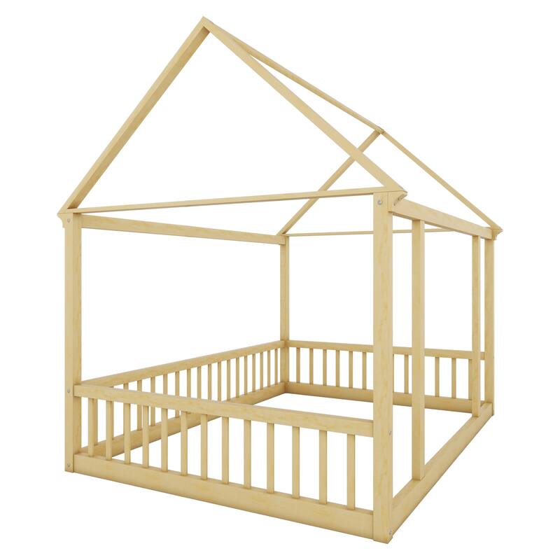 Twin/Full Size Floor Bed with Wooden House Roof Frame and Safety Guardrails for Children's Bedrooms, Small Space