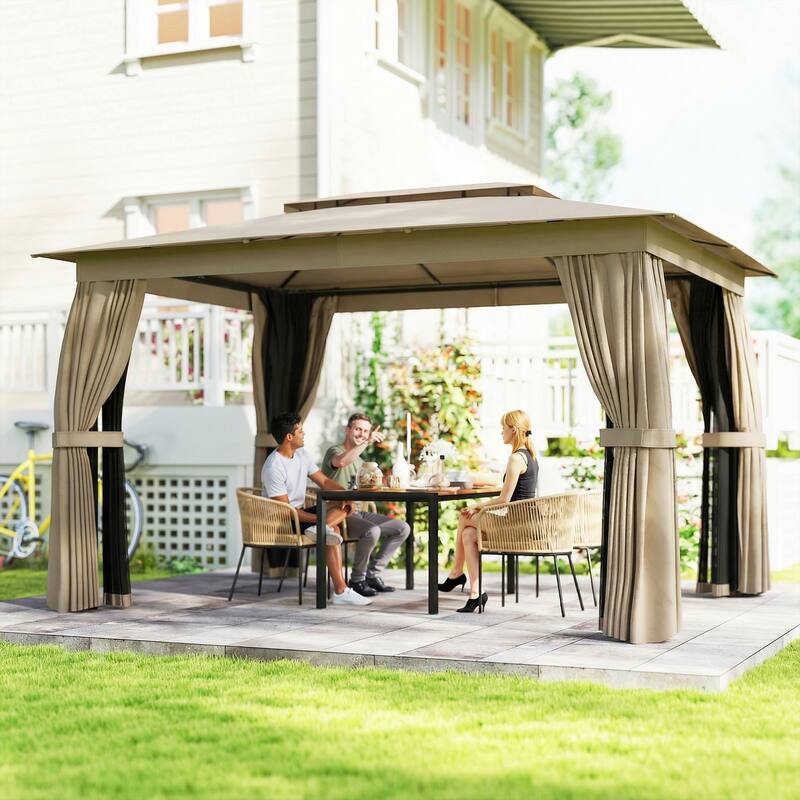 Outsunny 10' x 12' Outdoor Patio Gazebo, Soft Top Gazebo Canopy Shelter with Double Roof, Curtains, Netting, Steel Frame - Khaki