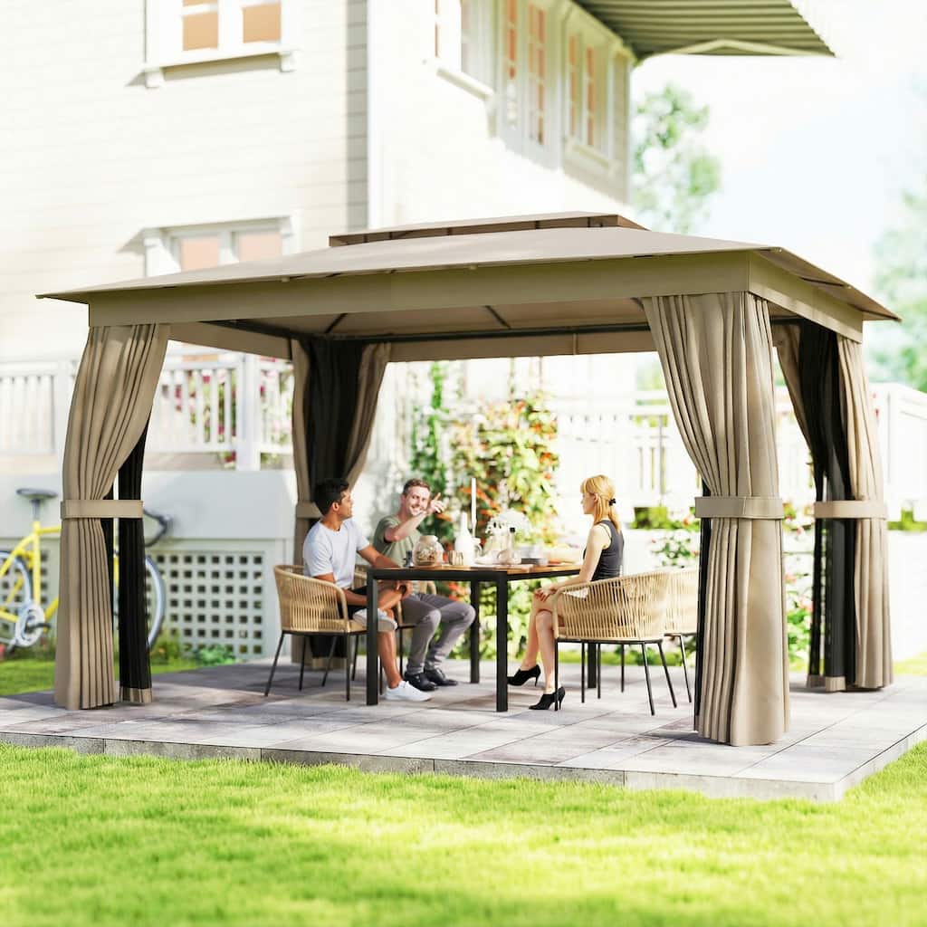 Outsunny 10' x 12' Outdoor Patio Gazebo, Soft Top Gazebo Canopy Shelter with Double Roof, Curtains, Netting, Steel Frame