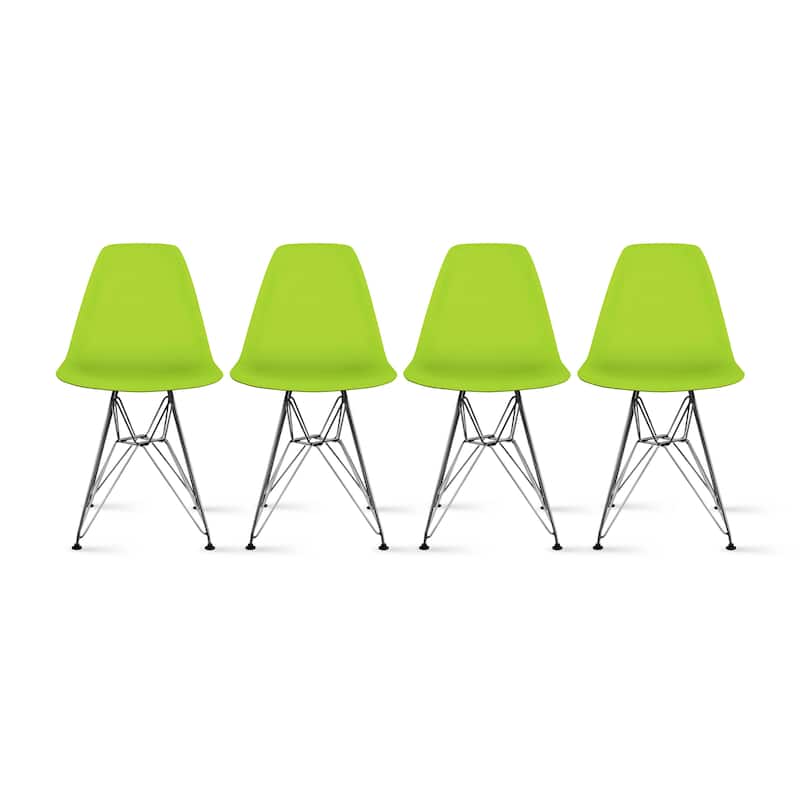 Colorful Designer Plastic Dining Chairs Kitchen Bedroom with Chrome Metal Eiffel Legs Hotel Restaurant Reception (Set of 4) - Green