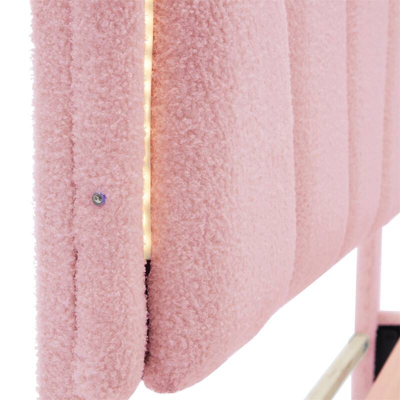 Upholstered Platform Bed with Flower-Shaped Headboard & LED Light Strip, Twin/Full Size Sherpa Fabric Bed Frame w/ Slats Support