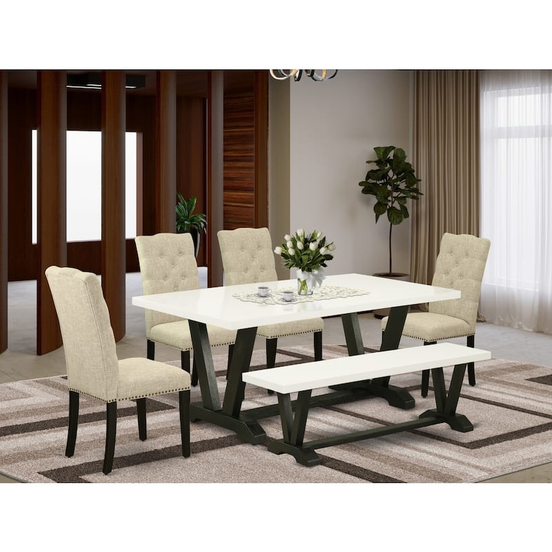 Seaside Style Dinette Set - 6 Piece Kitchen Table & Chair Set - Linen White Parson Chairs & Bench