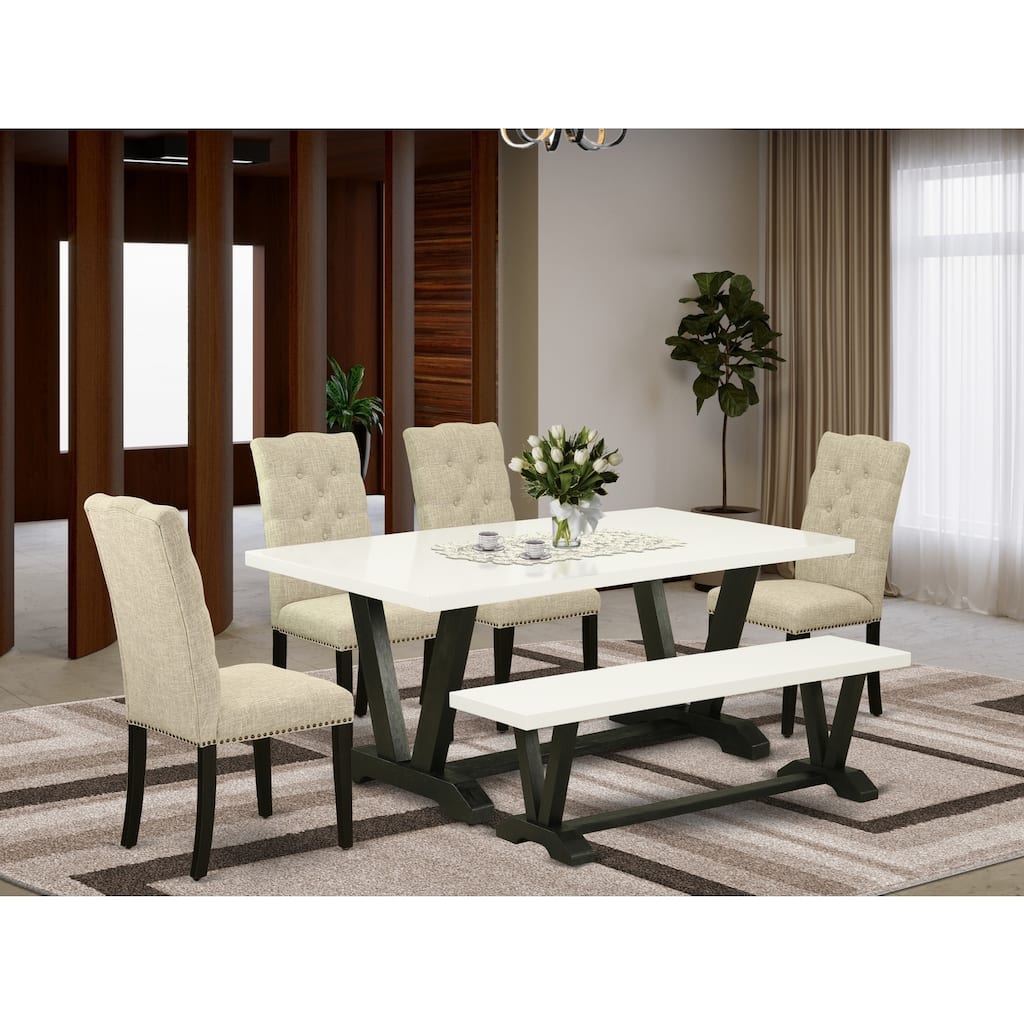 Seaside Style Dinette Set - 6 Piece Kitchen Table & Chair Set - Linen White Parson Chairs & Bench