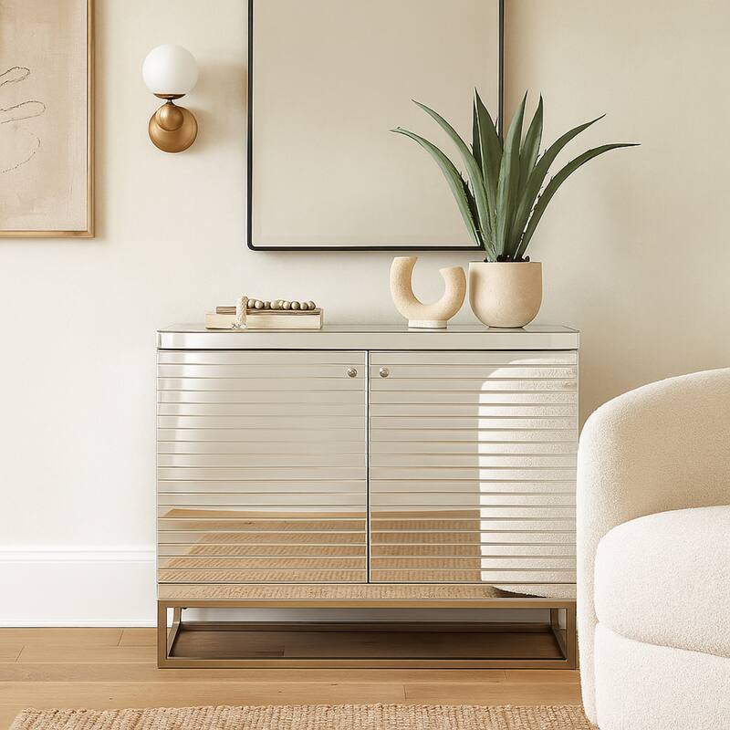 Glass 2 Door Cabinet with Linear Striped Panels and Gray Iron Base - Silver - Roche River Decor - 18"W x 47"L x 38"H